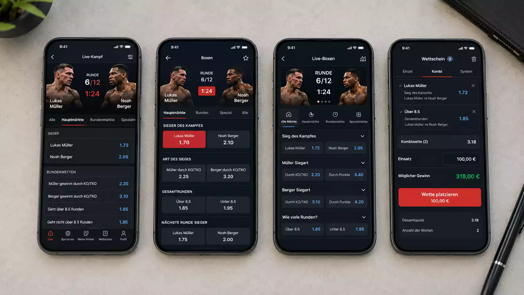 Vergleich verschiedener Sportwetten-App-Oberflächen mit Boxen Live Wetten Märkten auf mobilen Geräten