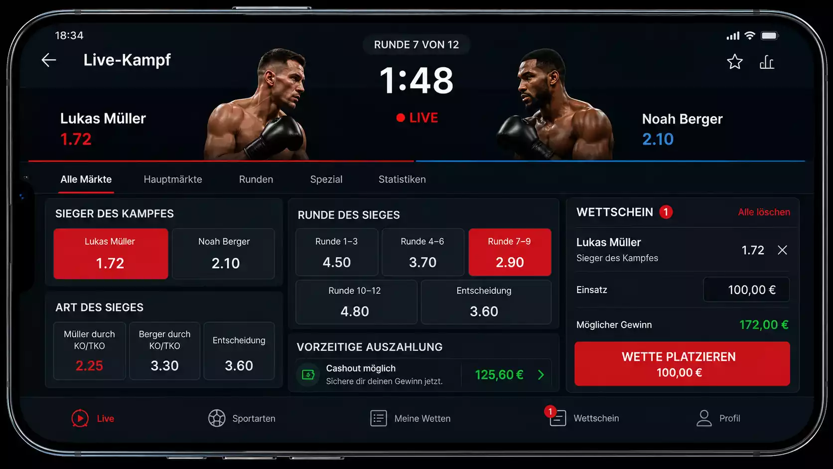 In-Play-Wettoberfläche einer Boxen Live Wetten App mit Live-Quoten und aktiven Märkten