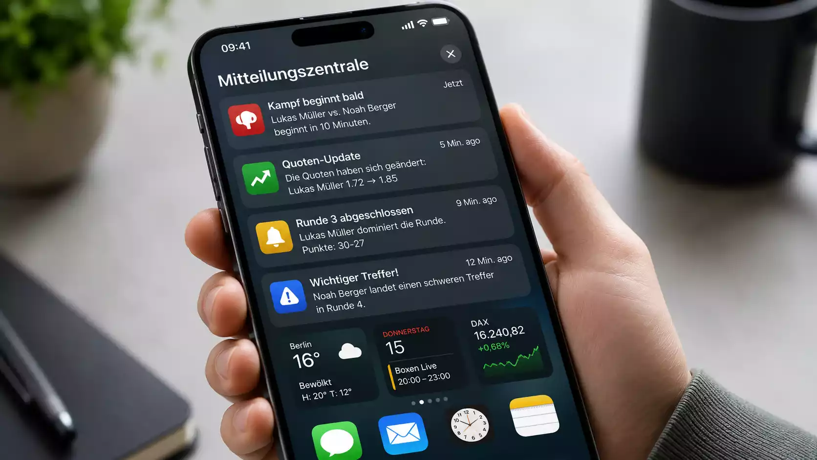 Smartphone-Bildschirm mit Push-Benachrichtigung einer Boxen-Wetten-App zu einem Live-Kampfereignis