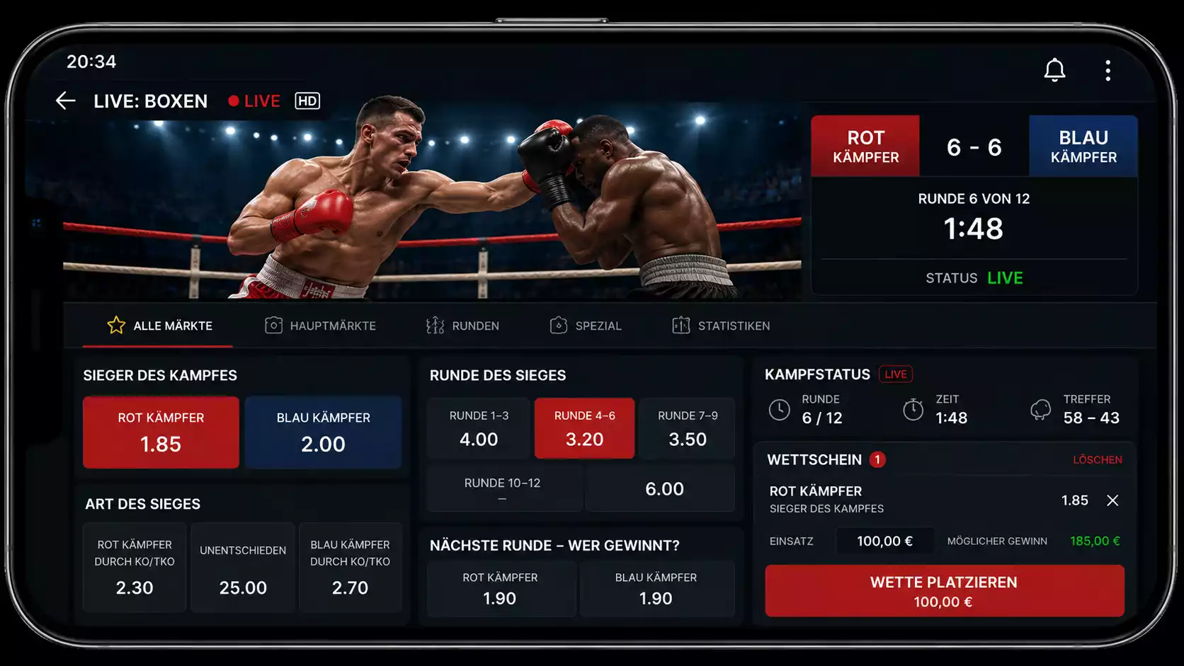 Wetten-App mit integriertem Live-Stream eines Boxkampfes und gleichzeitig angezeigten In-Play-Quoten