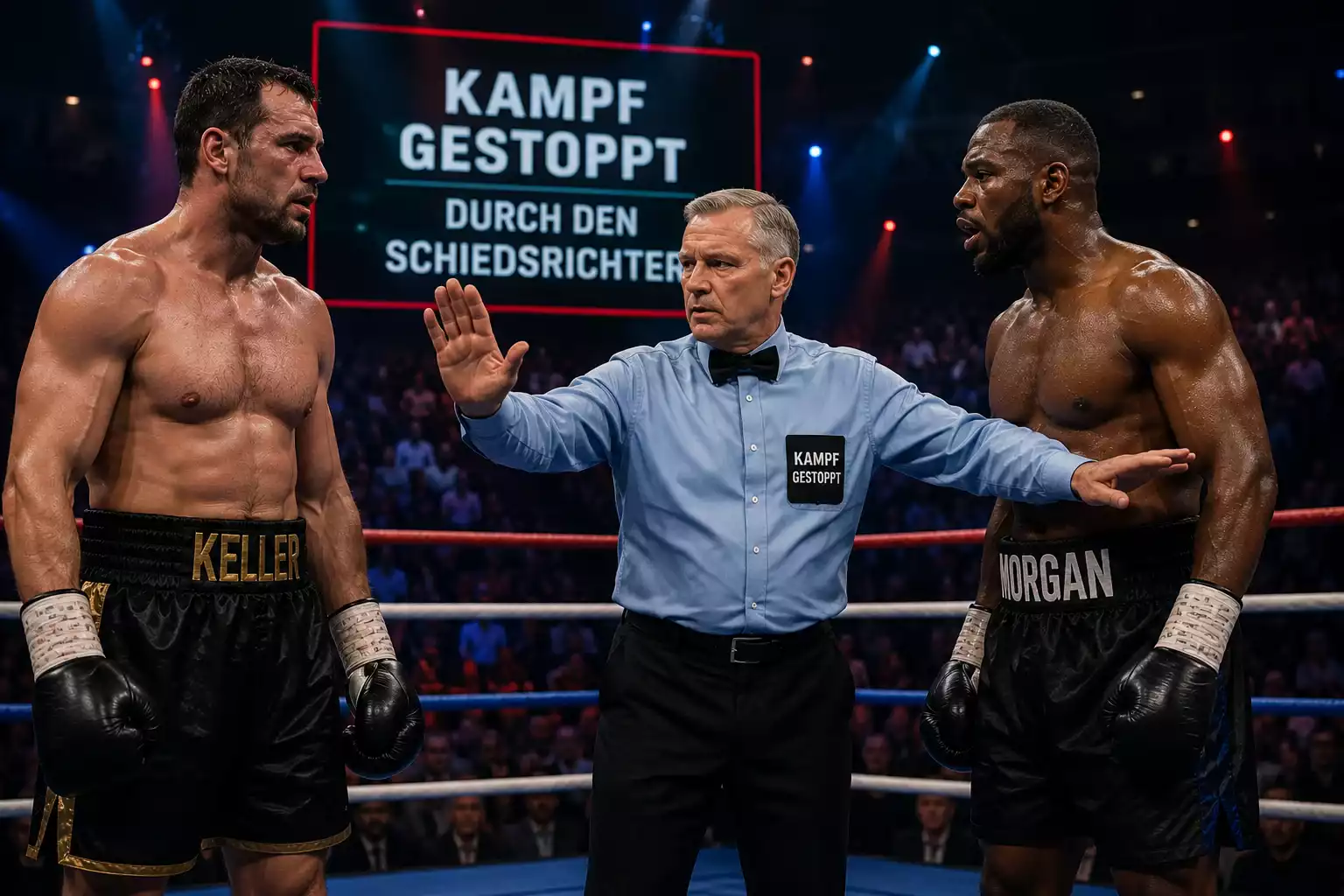 Ringrichter stoppt einen Boxkampf nach unabsichtlichem Foul — relevanter Moment für No Contest Abrechnung bei Methodenwetten