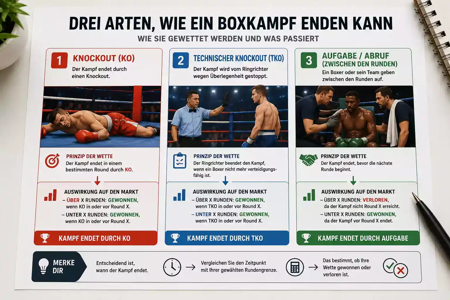 Vergleichsdiagramm KO vs TKO vs RTD beim Boxen mit Abrechnungsregeln für Methodenwetten bei verschiedenen Anbietern