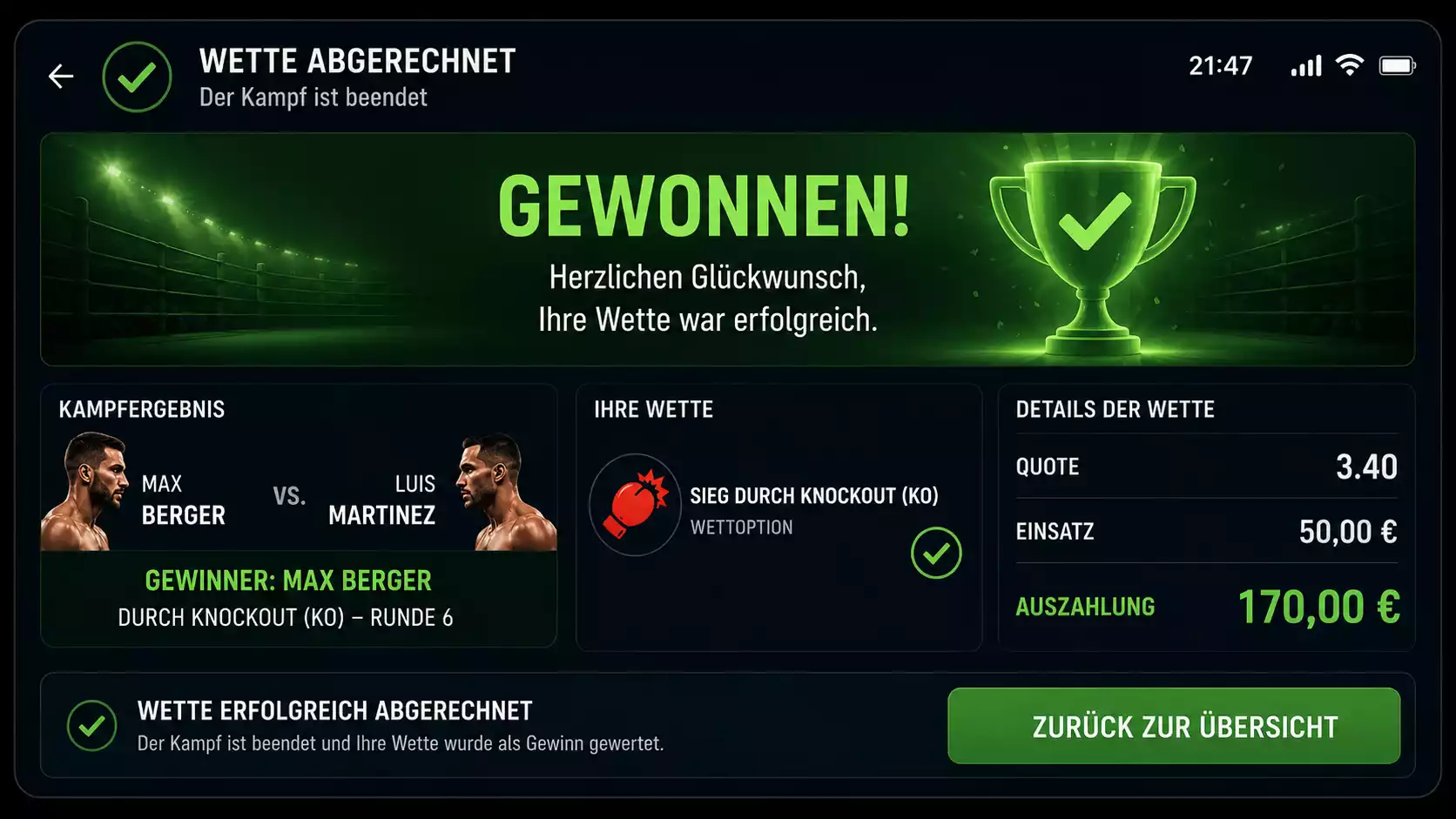 Detailansicht der Wettabrechnung bei einer Boxen Methodenwette nach TKO-Stopp in Runde acht auf einer Wettplattform