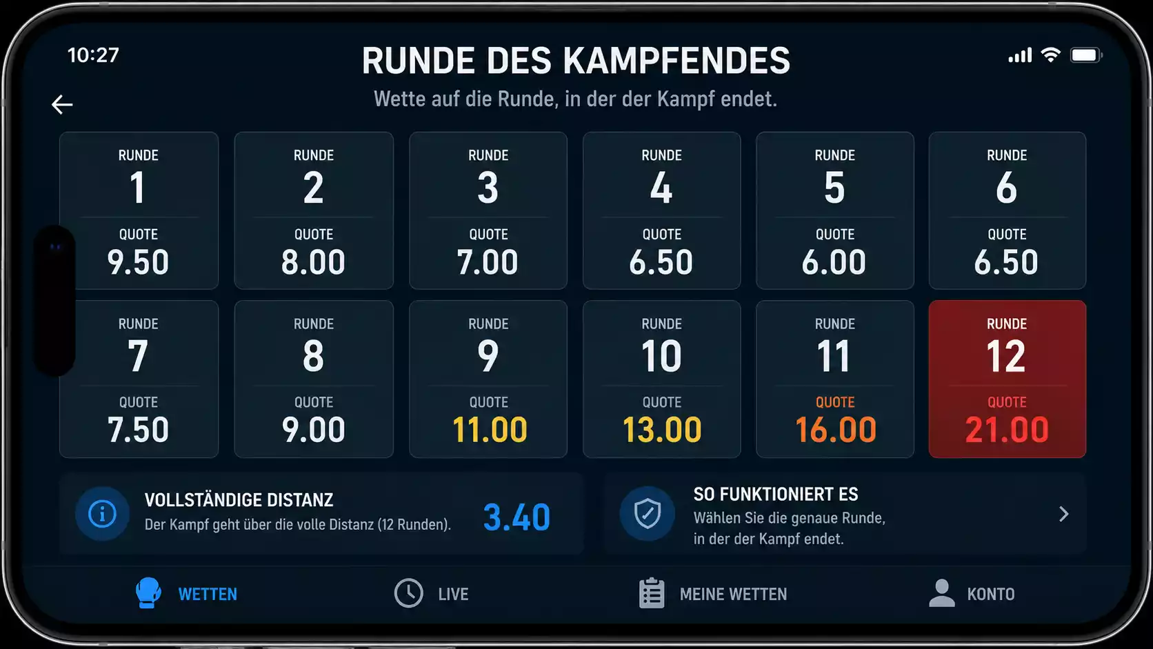 Auswahl einer exakten Rundenwette beim Boxen in einer Online-Wettoberfläche mit hoher Quote für die Siegerrunde