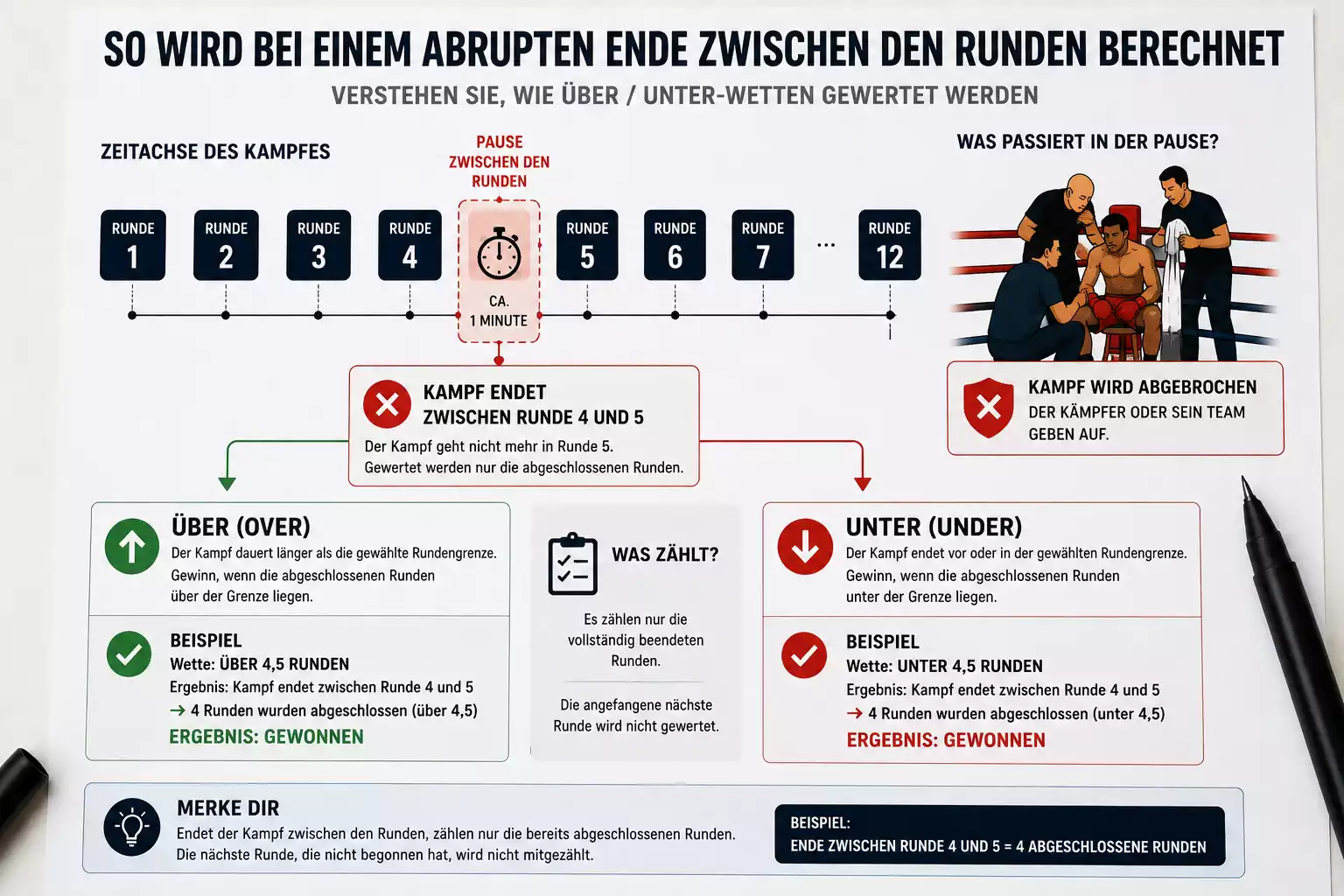 Schematische Darstellung der RTD-Abrechnung bei einer Boxen Rundenwette — Aufgabe in der Rundenecke zwischen zwei Runden
