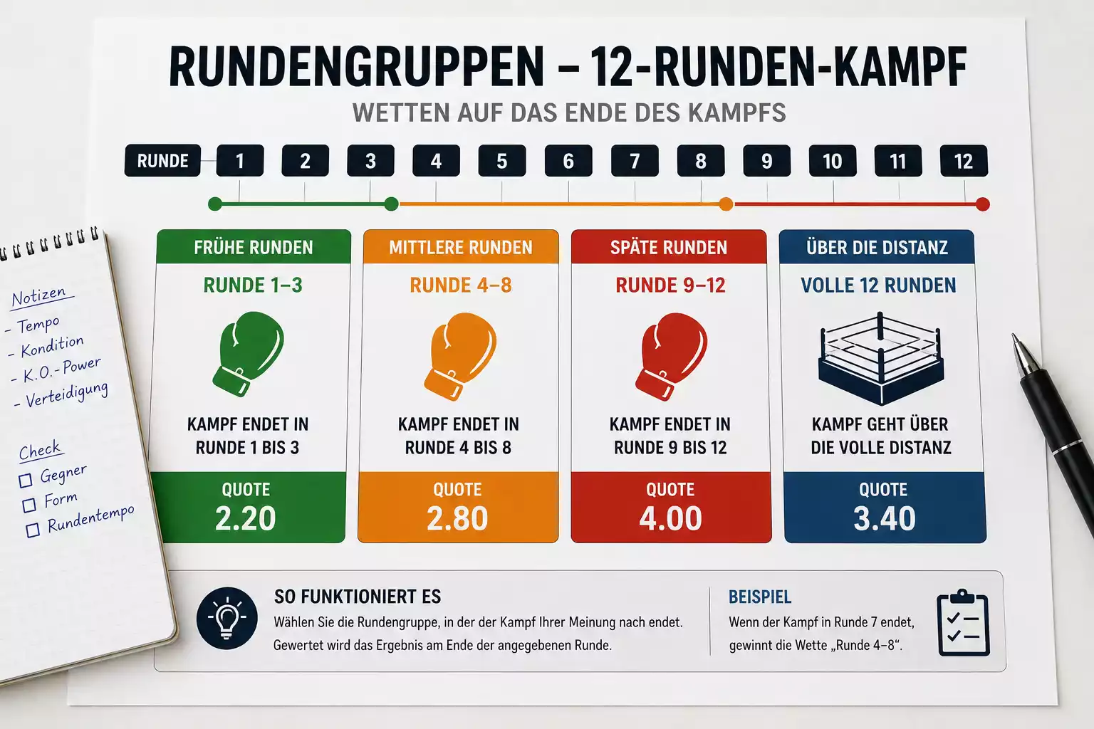 Tabelle mit Rundengruppen-Wetten für einen Zwölfrunden-Boxkampf mit Quoten für verschiedene Rundenzeitblöcke