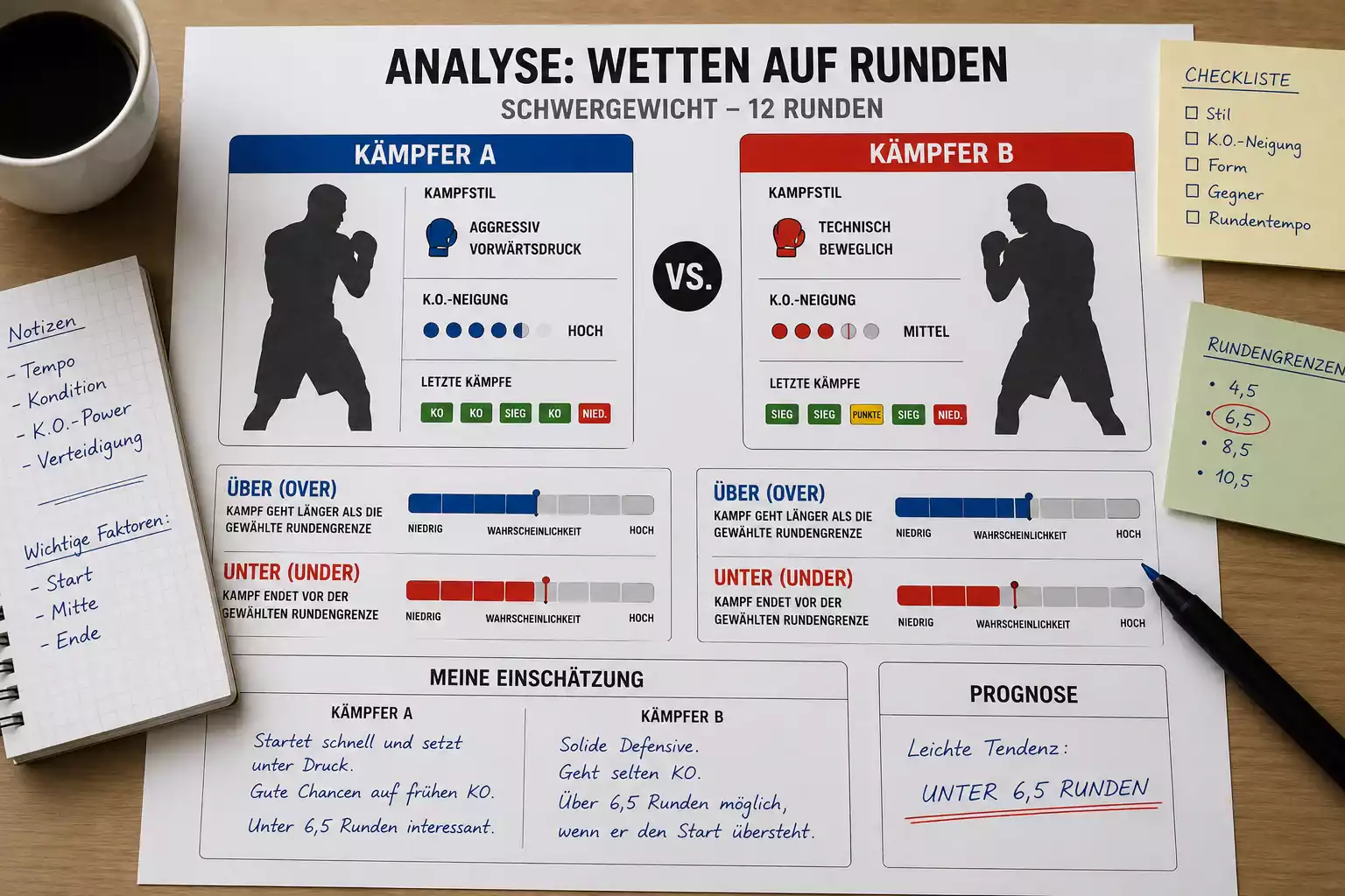 Analyse einer Boxen Über/Unter-Rundenwette mit Kampfstilkonstellation und statistischer Stopphistorie beider Boxer