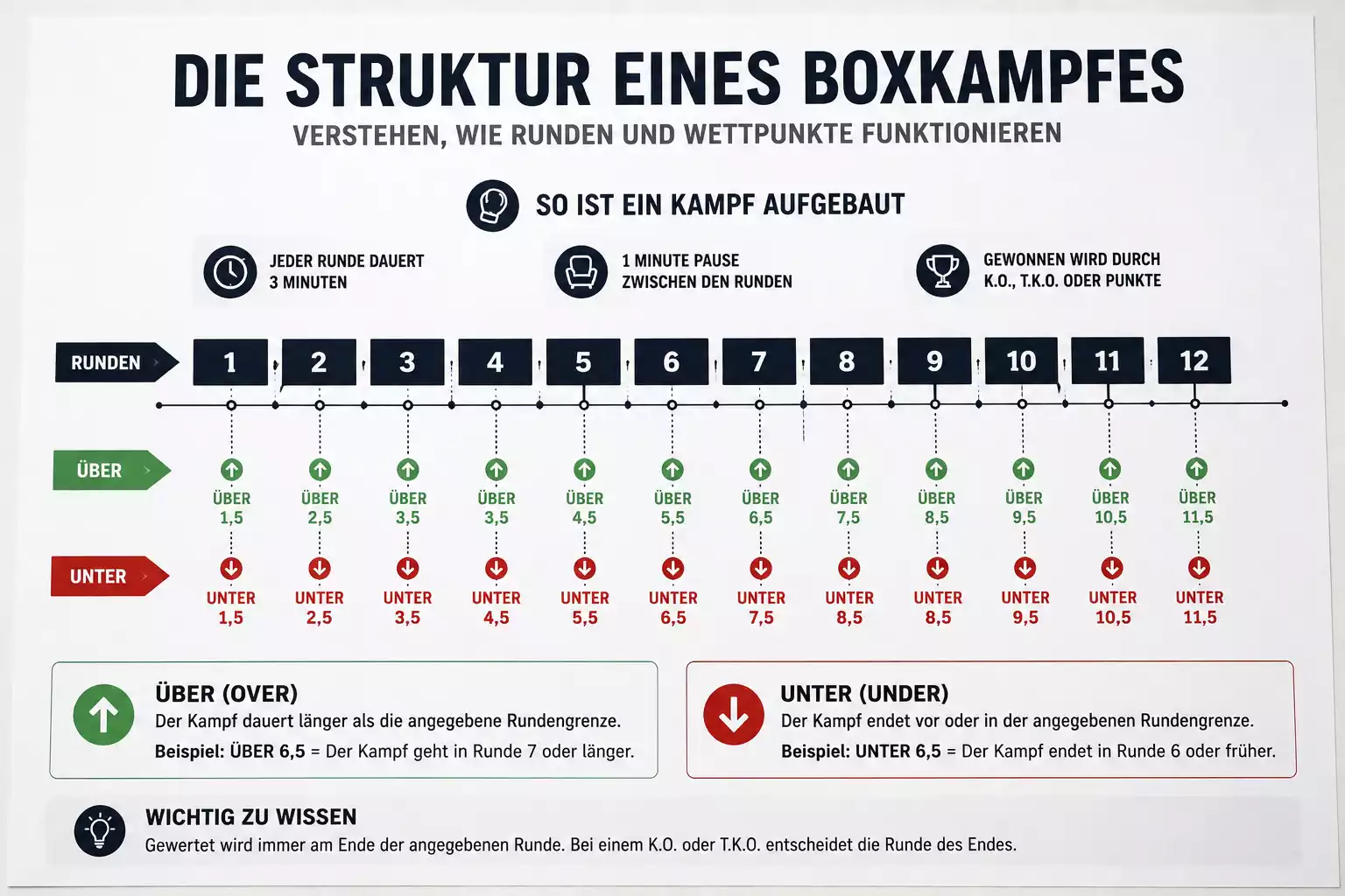 Zeitstrahl eines Boxkampfes mit markierten X,5-Zeitmarken für Über/Unter-Rundenwetten beim Boxen