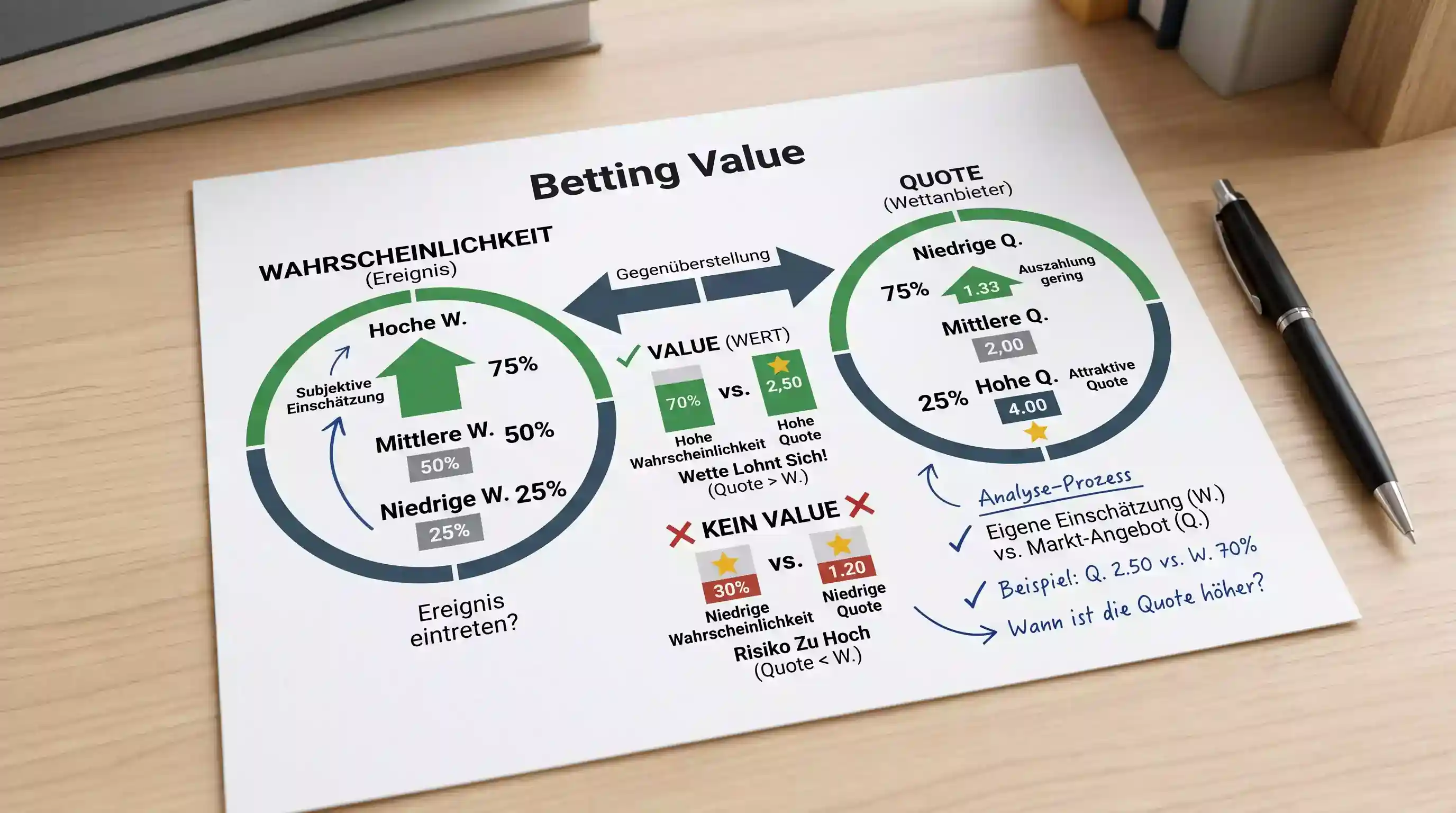 Konzept Value Betting Boxen erklärt — Unterschied zwischen Wahrscheinlichkeit und angebotener Wettquote