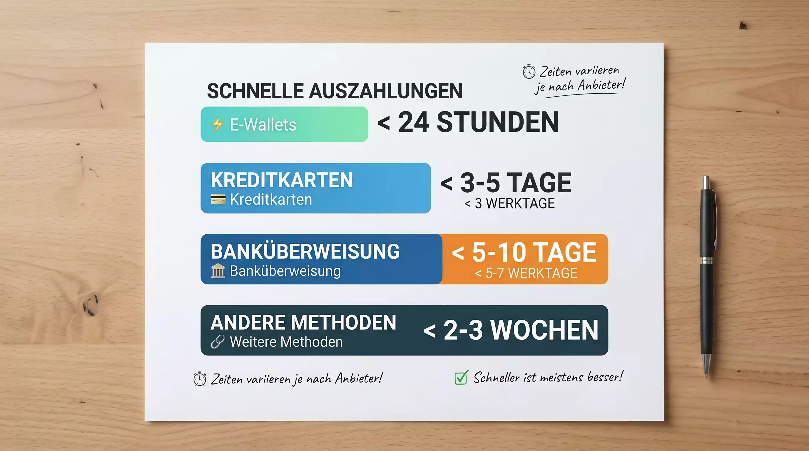 Vergleich Bearbeitungszeiten für Boxen Wetten Auszahlungen je nach Zahlungsmethode