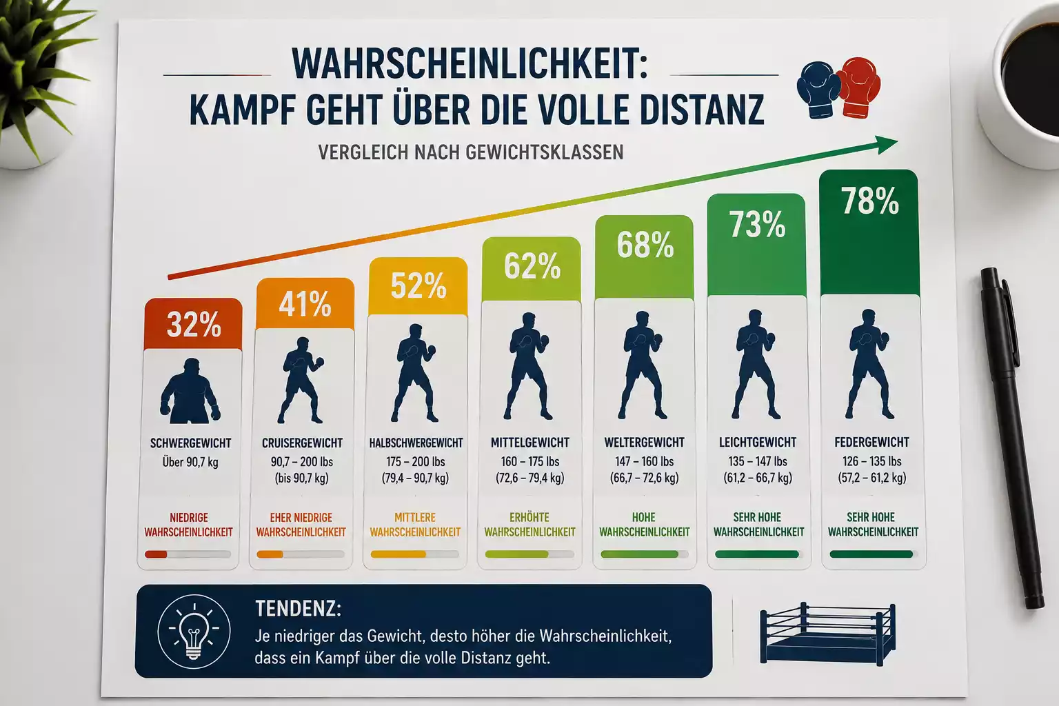 Vergleich der Goes the Distance Wahrscheinlichkeit nach Boxen-Gewichtsklassen von Schwergewicht bis Leichtgewicht