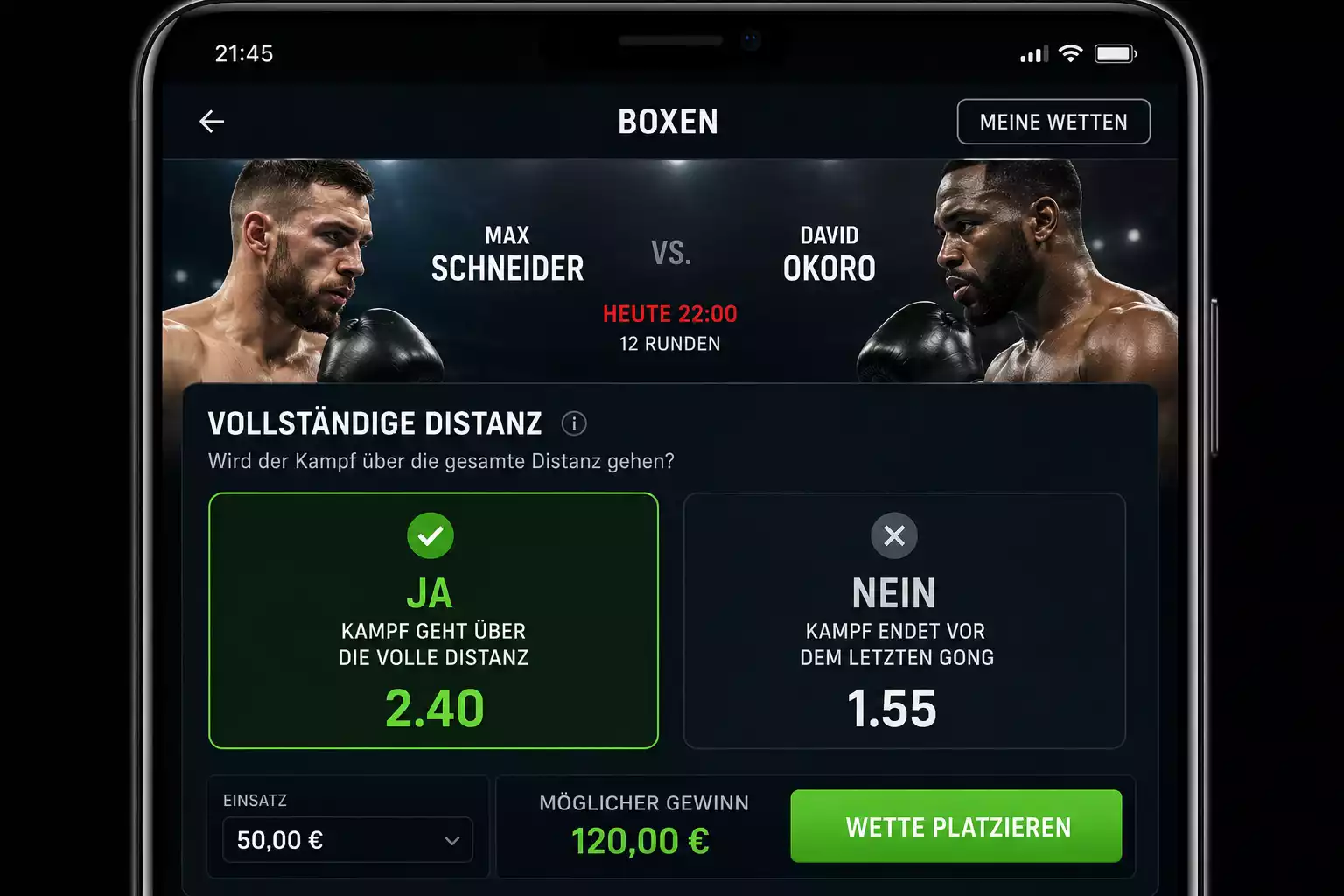 Erklärung des Goes the Distance Wettmarkts beim Boxen mit Ja/Nein-Option und Quotenangabe auf einer Wettplattform