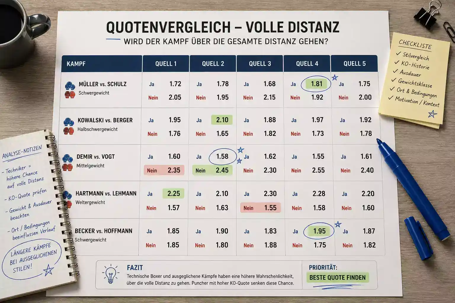 Quotenanalyse für Goes the Distance Wette beim Boxen — Vergleich der Ja/Nein-Quoten bei verschiedenen Kampfkonstellationen