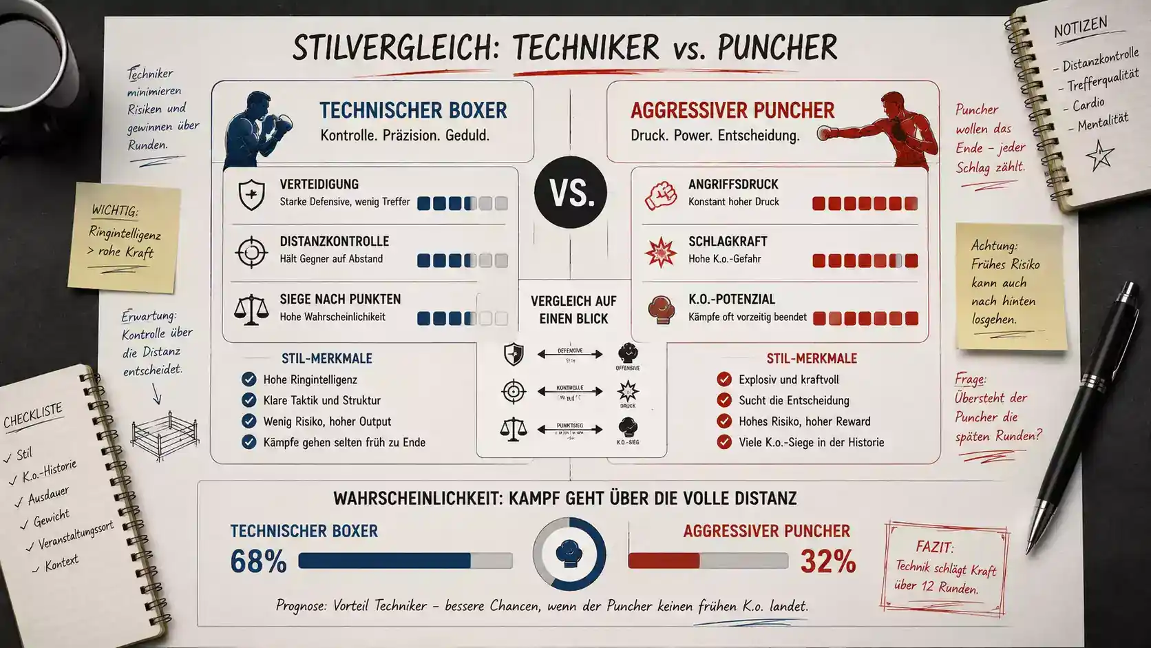 Stilmatch-Analyse für Goes the Distance — Boxer-Typ gegen Puncher mit Wahrscheinlichkeitseinschätzung für Kampf über volle Distanz