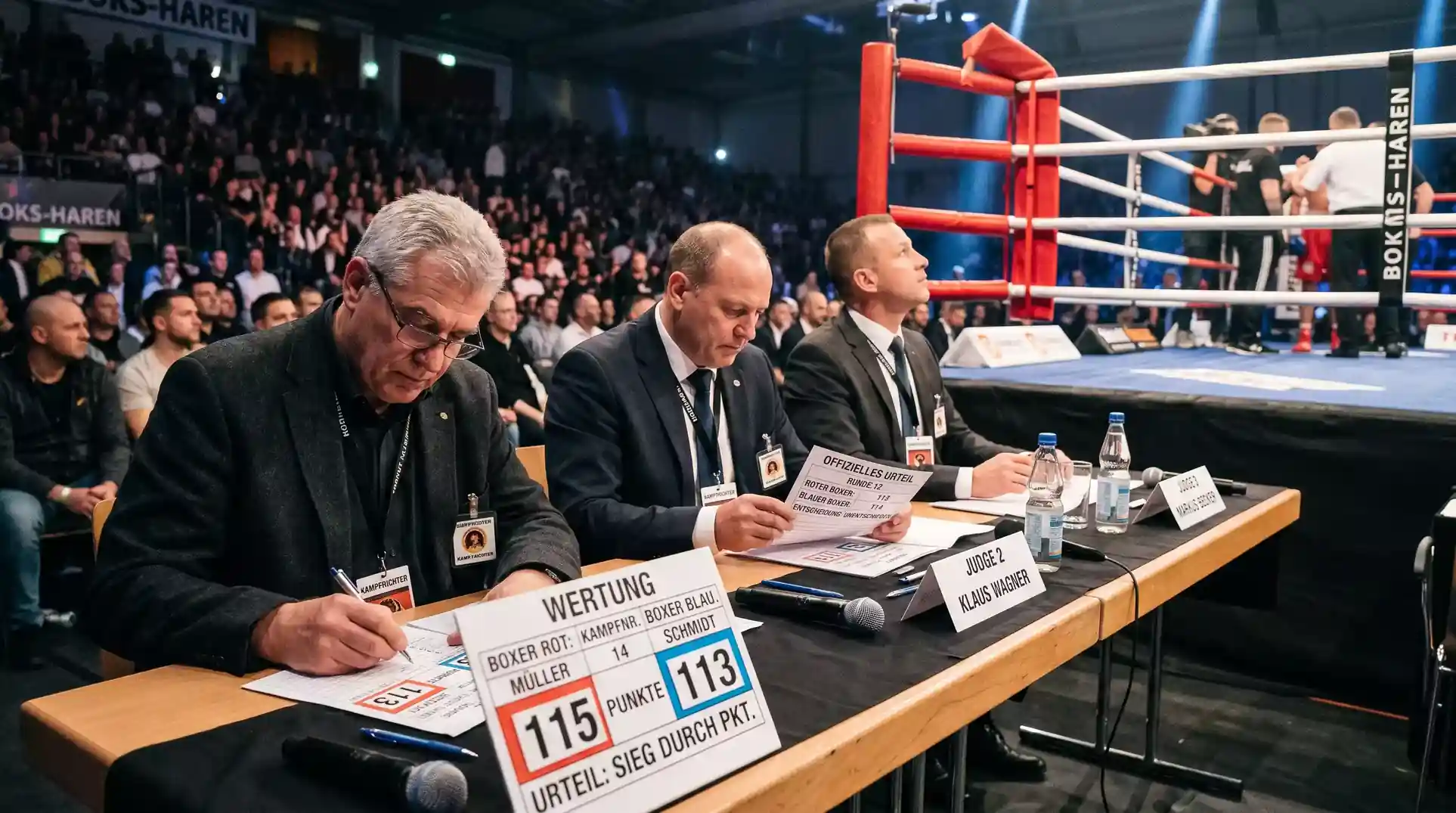 Technical Decision beim Boxen — Punktrichter werten Scorecards nach vorzeitigem Kampfstopp