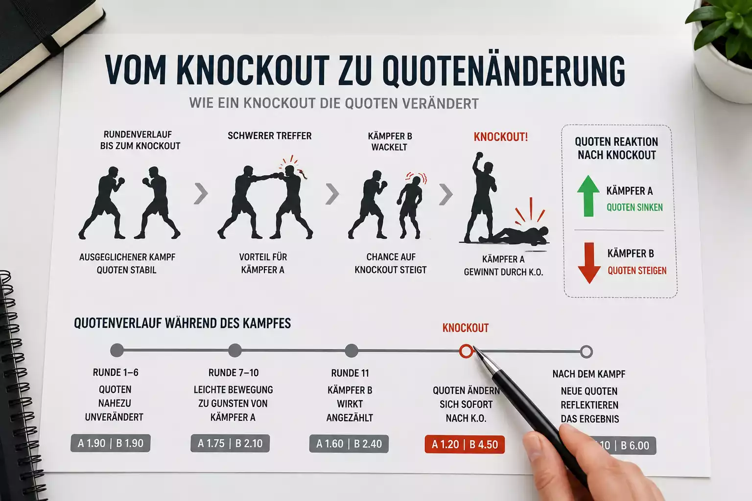 Grafische Darstellung der KO-Dynamik und Quotenbewegungen bei einem Schwergewichtsboxkampf in Echtzeit
