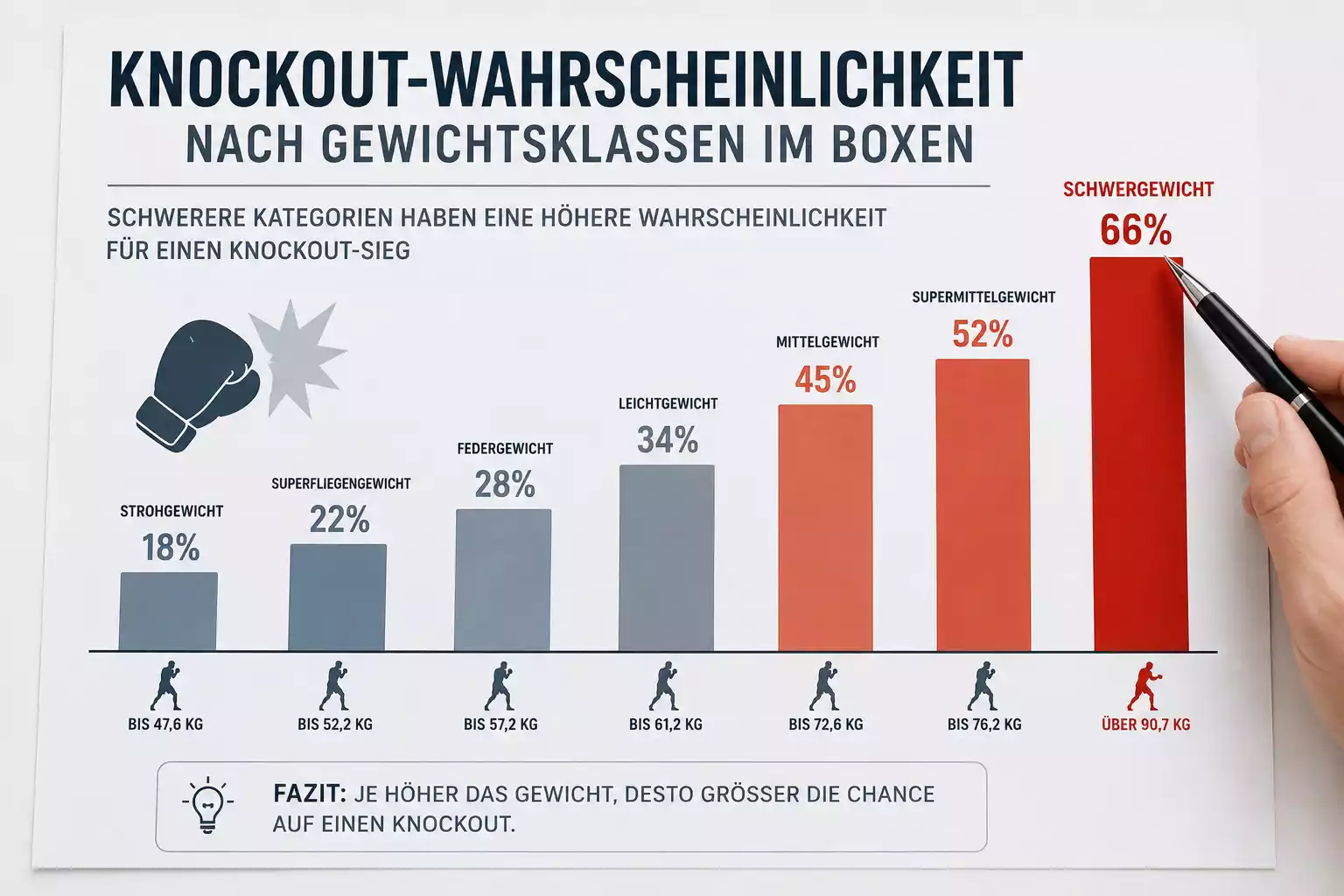 Statistische Darstellung der KO-Wahrscheinlichkeit im Schwergewichtsboxen im Vergleich zu anderen Gewichtsklassen