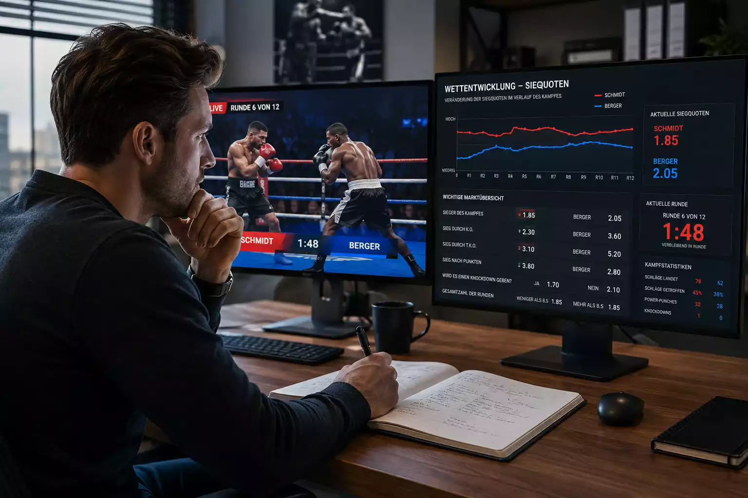 Sportwetten-Analyst beobachtet Schwergewichtsboxkampf live und analysiert In-Play-Strategien für Live-Wetten