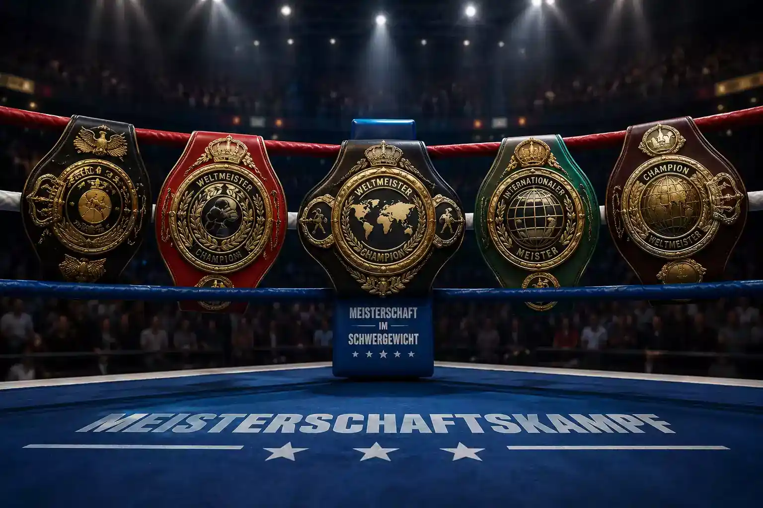 WBC- und WBO-Schwergewichts-Titelkampf-Banner über einem Boxring als Symbol für Titelkampf-Live-Wetten